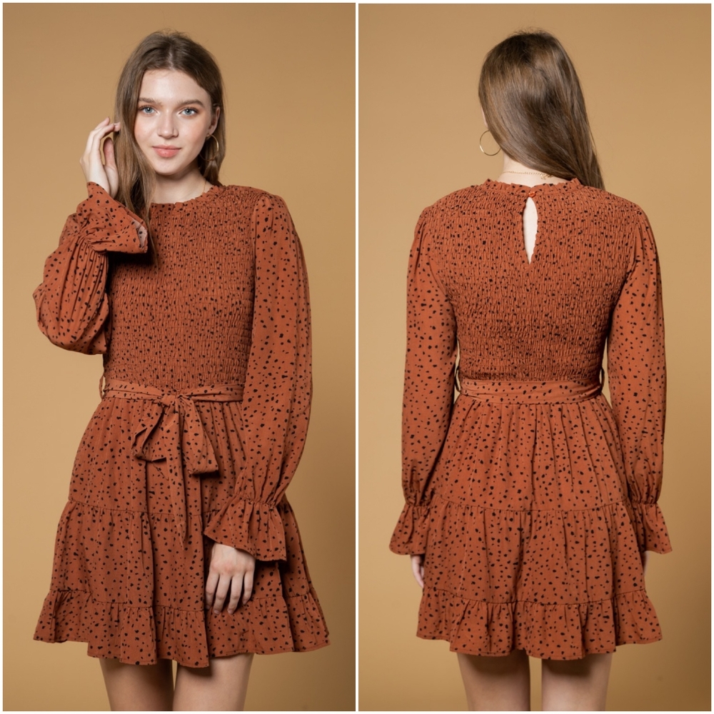 FEW LEFT❗️NEW IN By Very J Olive Ditzy Dots Long Sleeves Short Dress - Picture 13 of 14